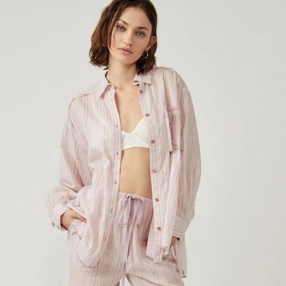 Intimately Free People Sleep Mode Pajama Shirt Tunic Top Striped Print M - Picture 1 of 8